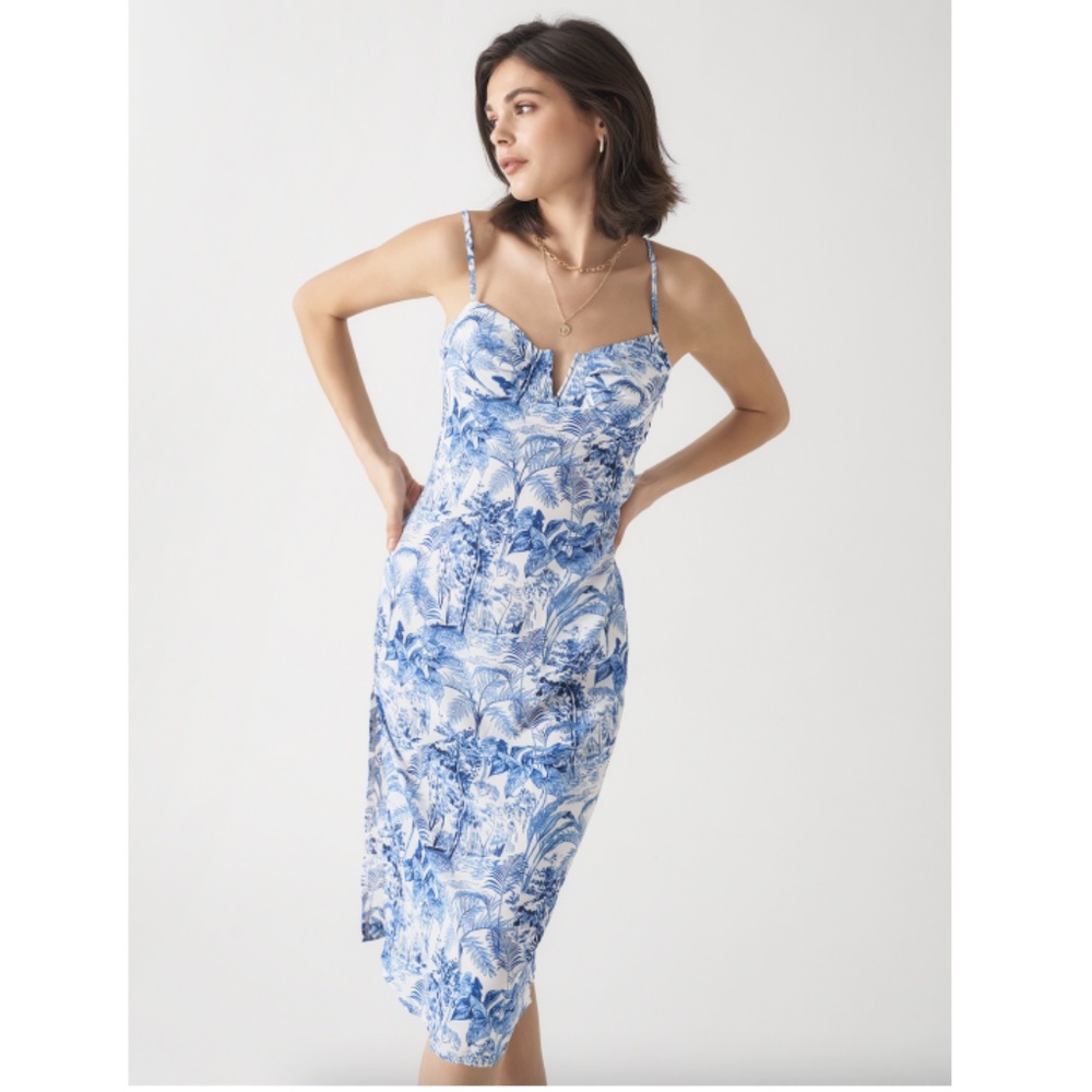 Cider Blue and White Tropical Print Slip Dress